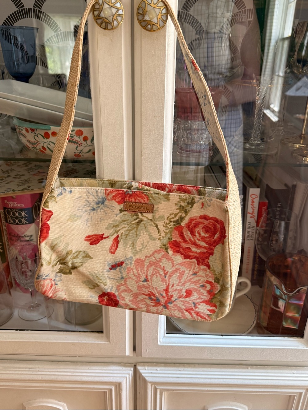 Fossil Floral Canvas Shoulder Bag in Cream and Coral